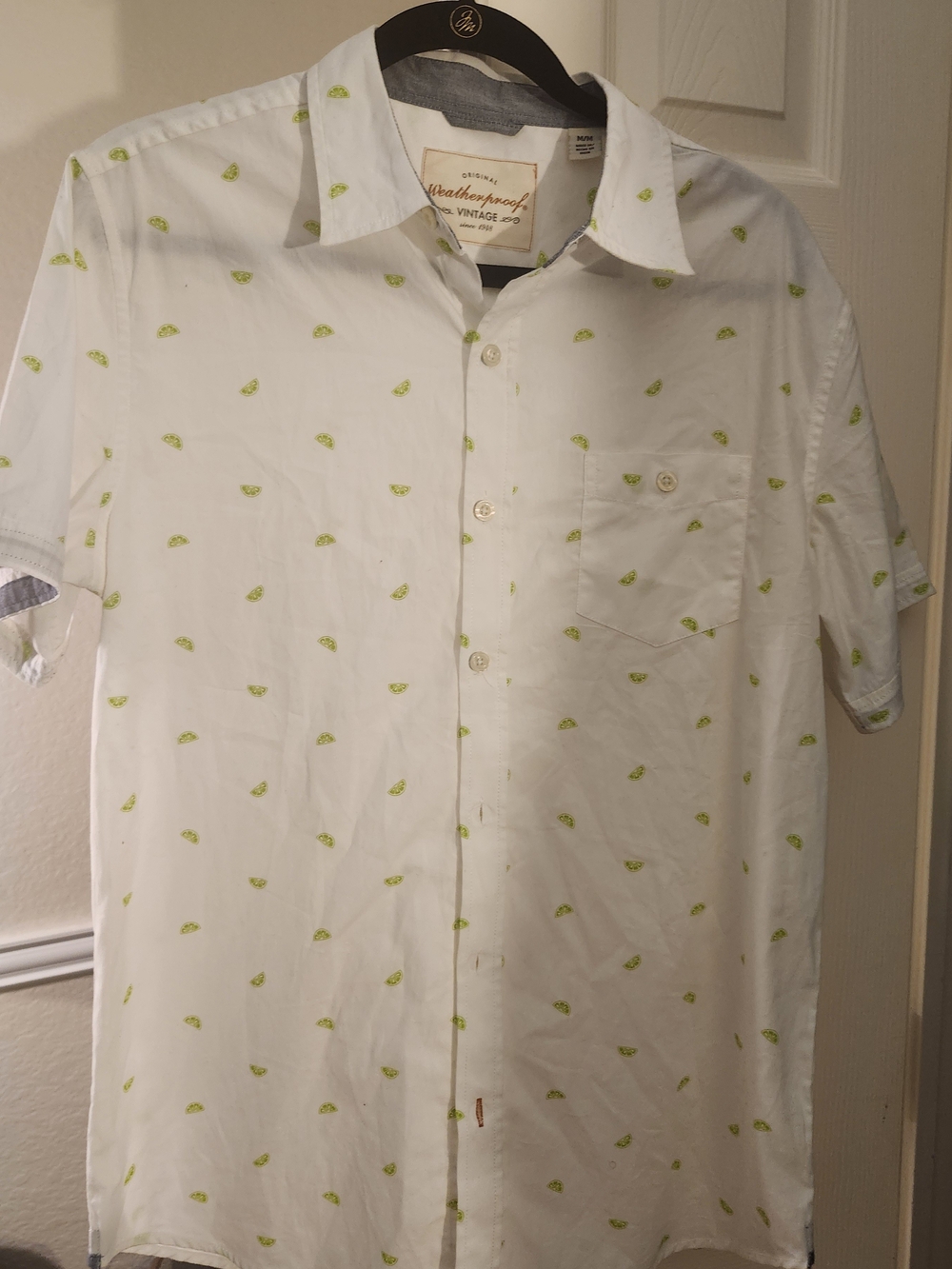 Weatherproof  Vintage White Short-Sleeve Button-Down with Lime Micro Print